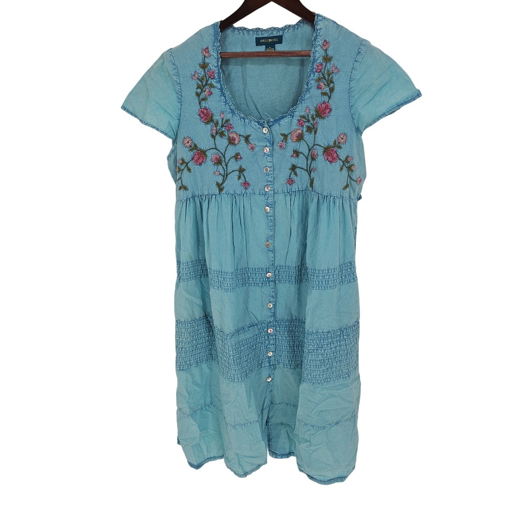 April Cornell Blue Floral Embroidered Button Front Smocked Pocket Midi Dress XL